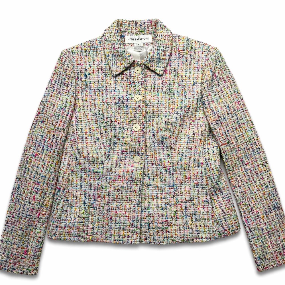 Jones New York Tweed Jacket 4 Multicolor Boucle Cropped Blazer Spring Preppy